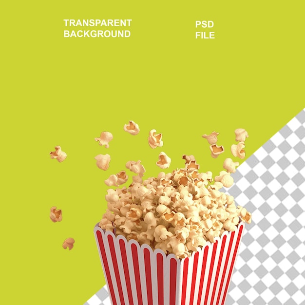 Pedaços de pipocas realistas e caixa ou na tigela em fundo transparente