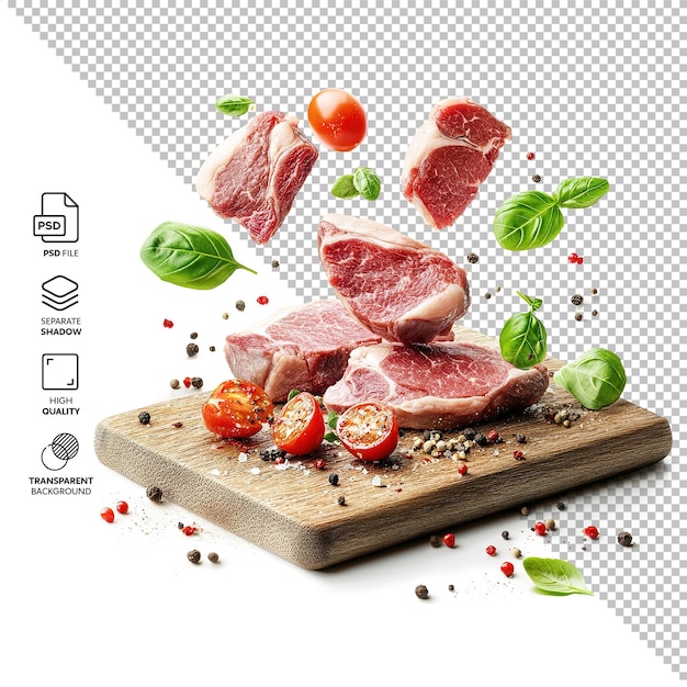 Pedaços voadores de bifes crus isolados sem fundo