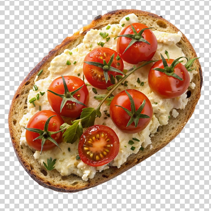 PSD un pedazo de pan con tomates y albahaca en la parte superior sobre un fondo transparente