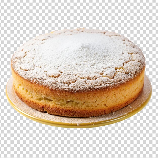 Un pedazo de pastel con azúcar en polvo en un fondo transparente