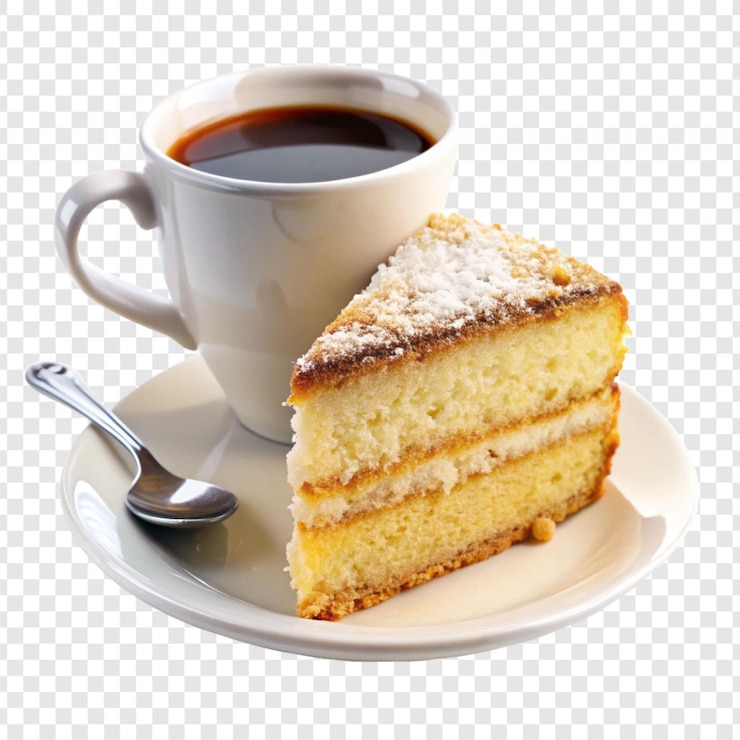 PSD un pedazo de pastel de esponja con una taza de café aislada sobre un fondo transparente