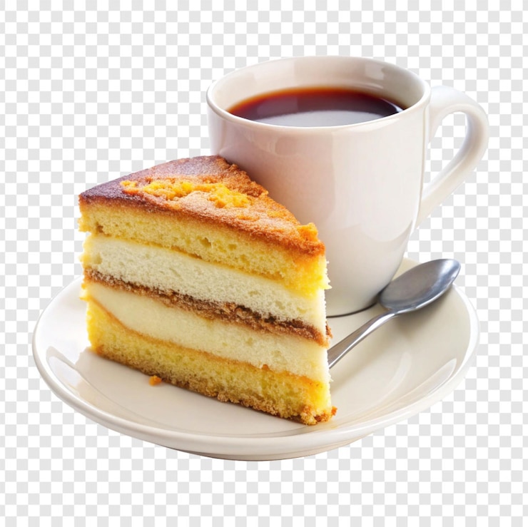 PSD un pedazo de pastel de esponja con una taza de café aislada sobre un fondo transparente