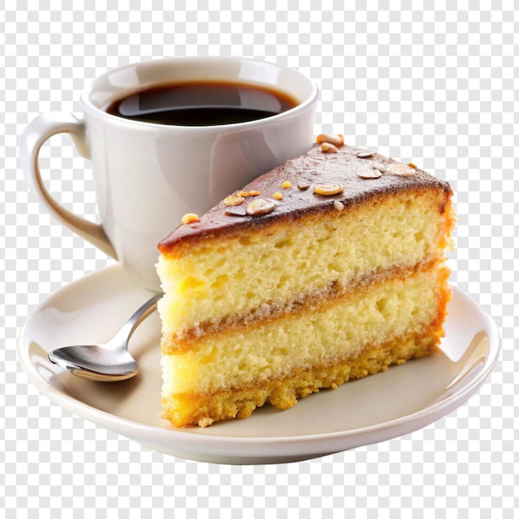 PSD un pedazo de pastel de esponja con una taza de café aislada sobre un fondo transparente