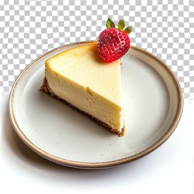 Un pedazo de pastel de queso está en un plato con una frambuesa en él