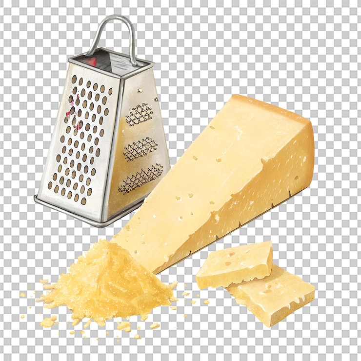 PSD un pedazo de queso parmesano y un rallador aislados sobre un fondo transparente