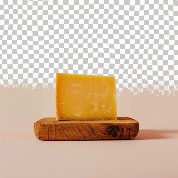PSD un pedazo de queso que está en un bloque de madera