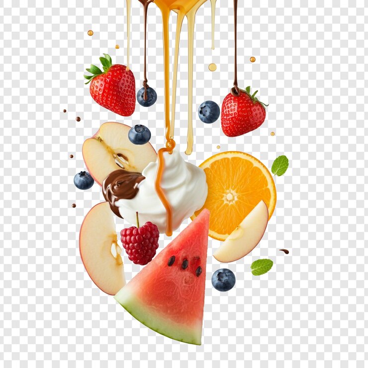 pedazos de frutas flotando sobre un fondo blanco