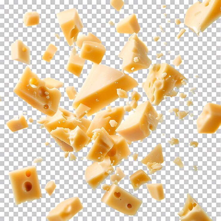 PSD los pedazos redondos de queso caen de cerca sobre el fondo transparente generado por ai