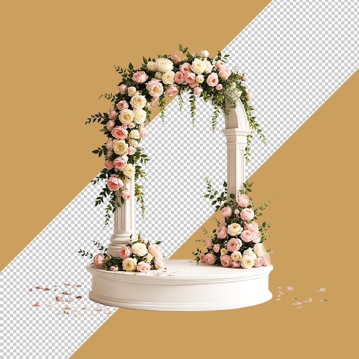 un pedestal blanco con rosas y un fondo blanco con una letra blanca s en él