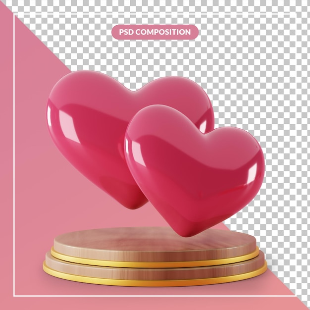 Pedestal de madera 3d con un par de símbolo de corazón de amor