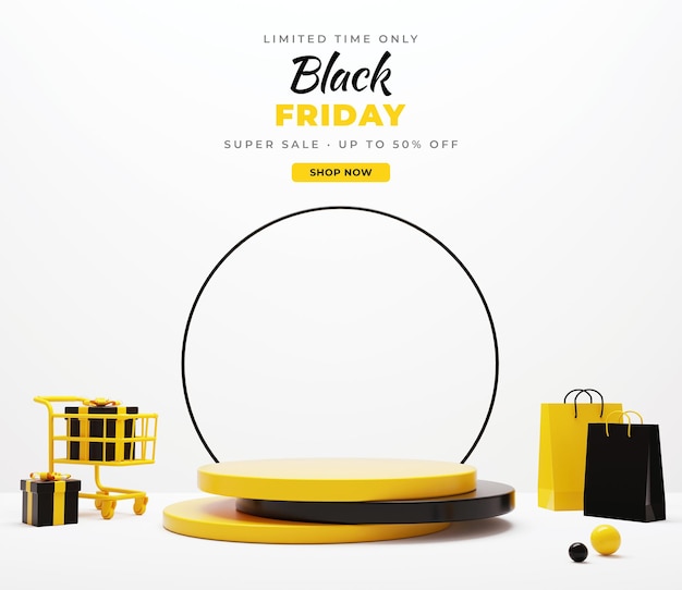 Pedestal minimalista de black friday con material amarillo sobre fondo blanco para la exhibición del producto