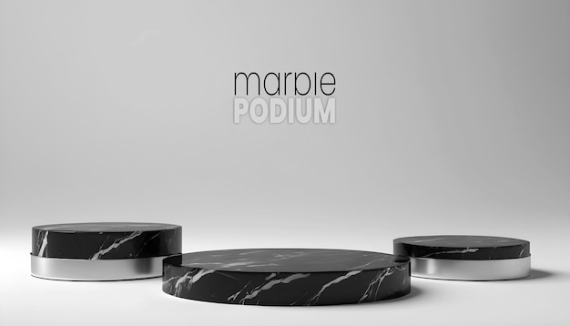 PSD pedestal de piedra de mármol negro modelo de escenario de podio 3d render metálico soporte de exhibición de cosméticos de tres pasos