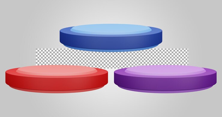 PSD pedestal púrpura rojo azul de la pantalla de la plataforma sobre fondo transparente representación 3d del escenario en blanco