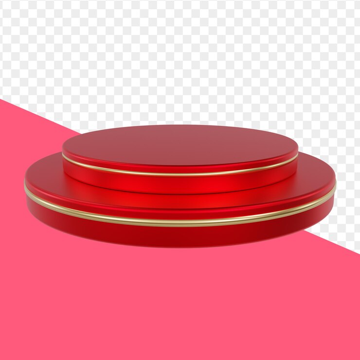 PSD pedestal rojo o podio con marco dorado y decoración, borde redondo en un escenario vacío geométrico