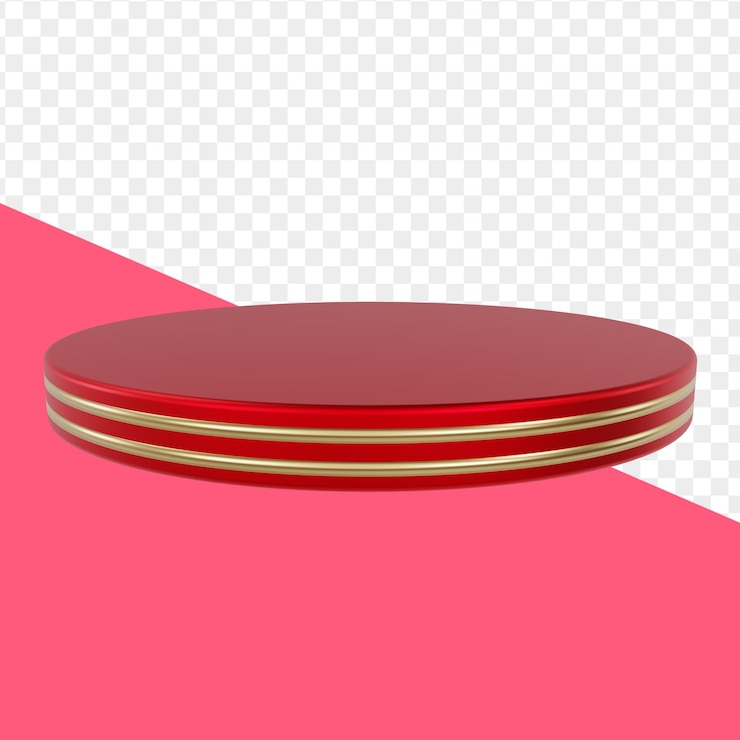 PSD pedestal rojo o podio con marco dorado y decoración, borde redondo en un escenario vacío geométrico