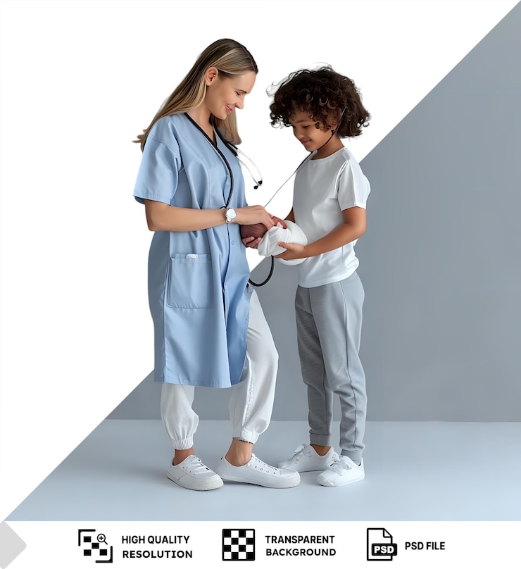 PSD une pédiatre expérimentée auscultant le cœur d'un nouveau-né devant un mur gris et blanc portant une chemise blanche et un pantalon gris avec de longs cheveux bruns et png
