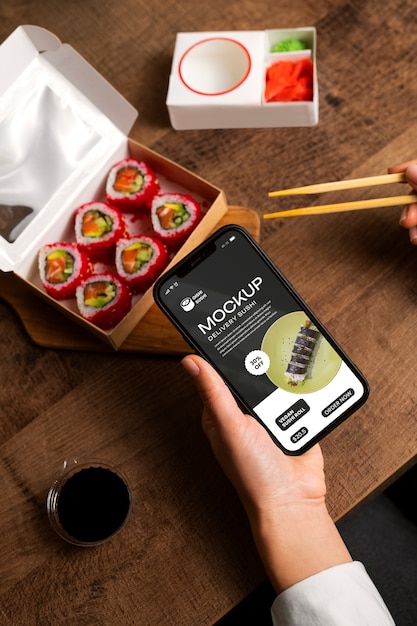 Pedido de sushi e maquete de smartphone