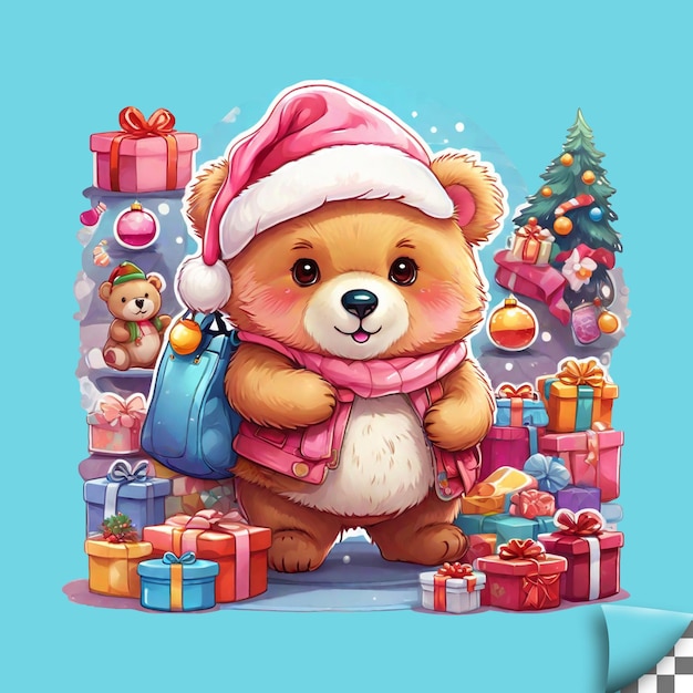 PSD pegatina de navidad feliz con una mascota de oso en un fondo transparente