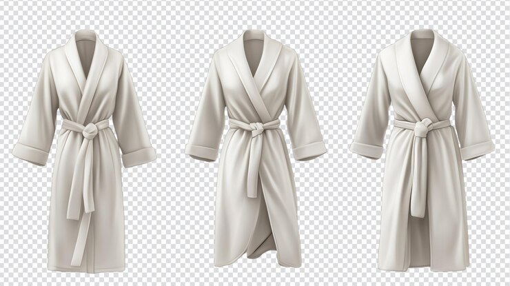 PSD des peignoirs blancs doux exposés dans trois poses sur un fond transparent mettant l'accent sur le confort et le style pour la relaxation