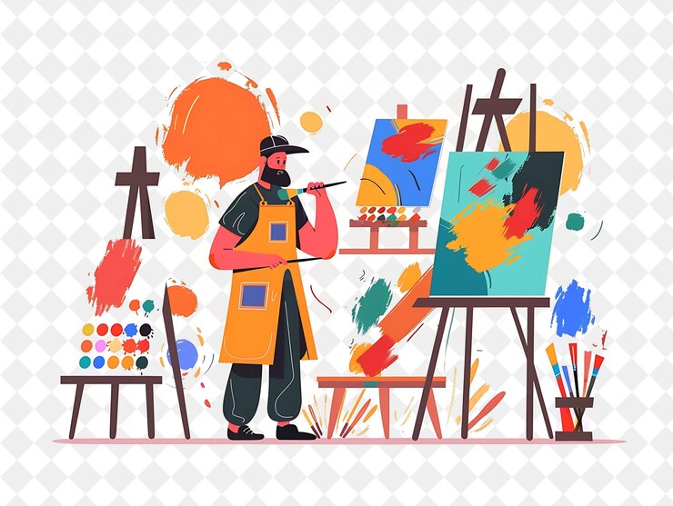 PSD peintre artistique avec des personnages peignant des toiles et mélangeant les gens de png dans l'illustration du travail quotidien