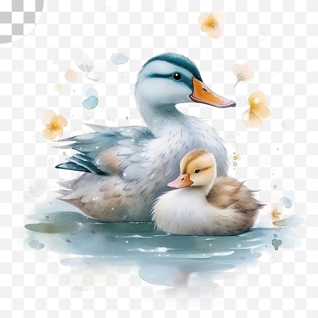 Peinture à l'aquarelle d'un canard et de son caneton - peinture à l'aquarelle png télécharger