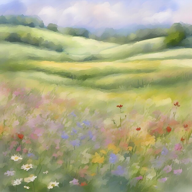 PSD peinture à l'aquarelle d'un champ de fleurs sauvages aigénéré