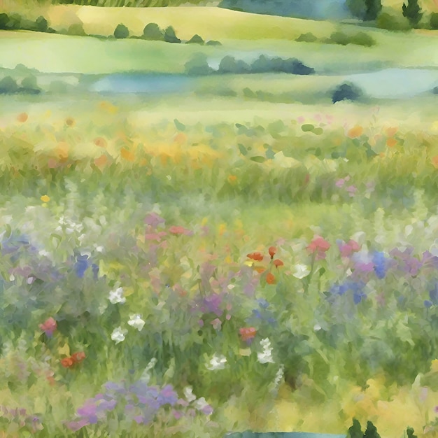 Peinture à L'aquarelle D'un Champ De Fleurs Sauvages Aigénéré