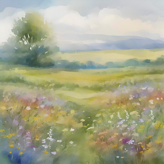 PSD peinture à l'aquarelle d'un champ de fleurs sauvages aigénéré