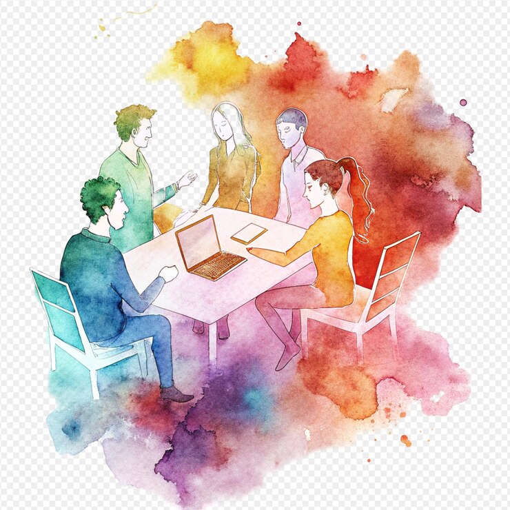 PSD peinture à l'aquarelle couleurs vives réunion de groupe brainstorming créatif
