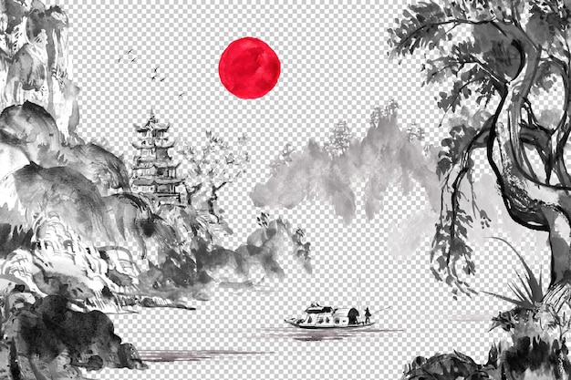 Peinture à l'aquarelle et à l'encre d'une scène calme de montagne avec une pagode et un soleil rouge