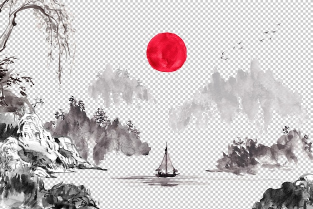 Peinture à l'aquarelle et à l'encre d'une scène calme de montagne avec un soleil rouge