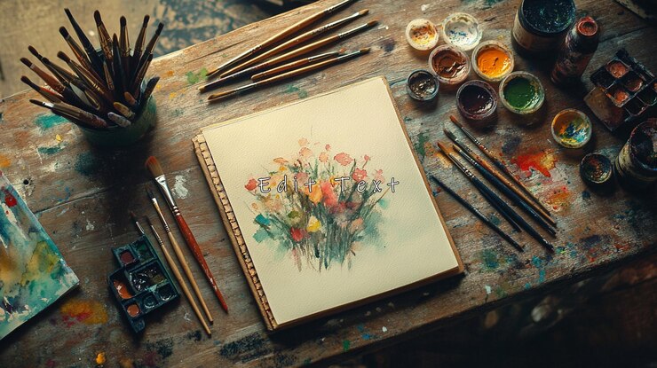 PSD peinture à l'aquarelle de fleurs sur le bureau d'un artiste