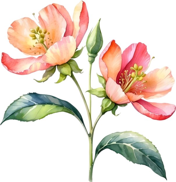 PSD peinture d'aquarelle de fleurs avec des feuilles