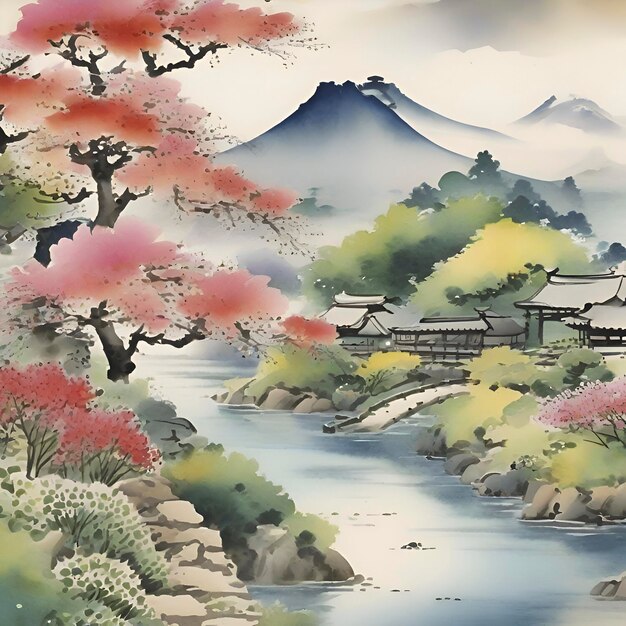 PSD peinture à l'aquarelle d'un jardin de fleurs sauvages dans le style de la peinture traditionnelle japonaise