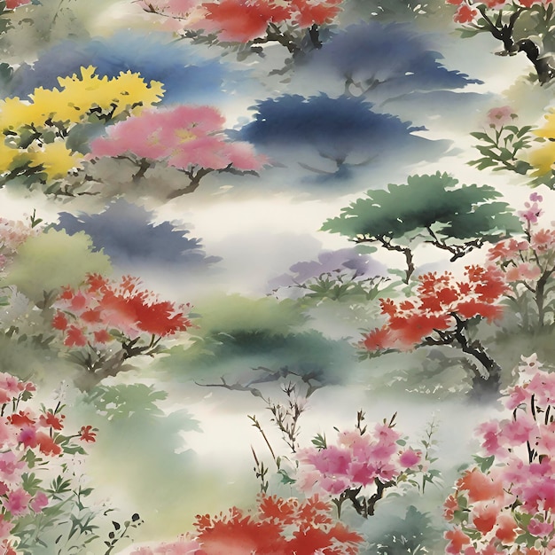 PSD peinture à l'aquarelle d'un jardin de fleurs sauvages dans le style de la peinture traditionnelle japonaise