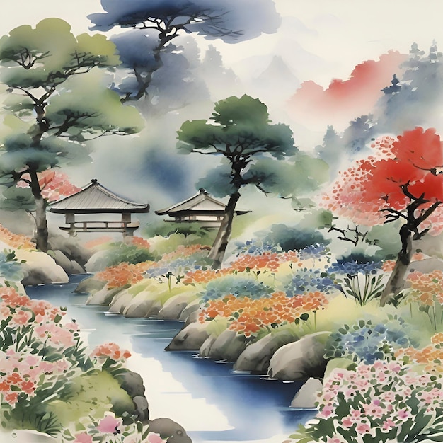 Peinture à L'aquarelle D'un Jardin De Fleurs Sauvages Dans Le Style De La Peinture Traditionnelle Japonaise