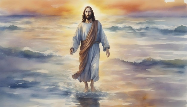 PSD peinture à l'aquarelle de jésus-christ marchant sur l'eau dans un style impressionniste