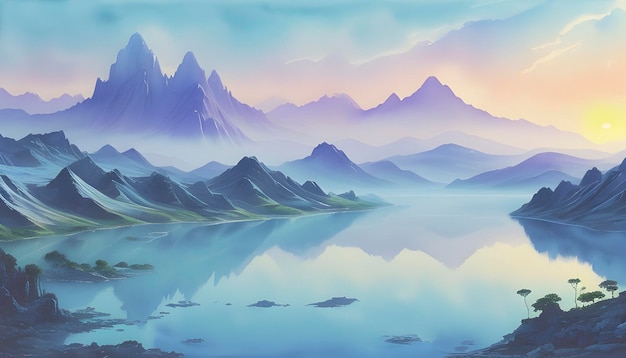 PSD peinture à l'aquarelle d'un paysage coloré de montagne et de lac