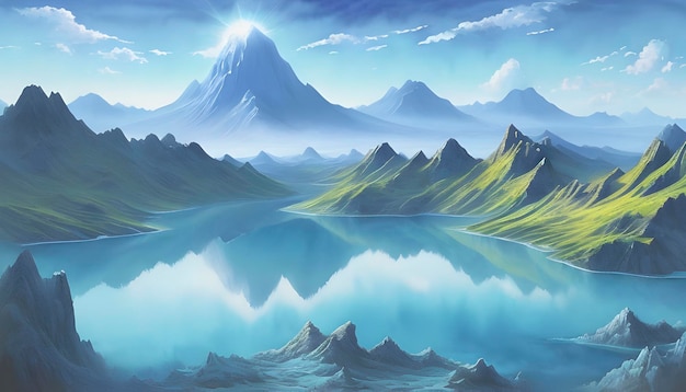 Peinture à L'aquarelle D'un Paysage Coloré De Montagne Et De Lac
