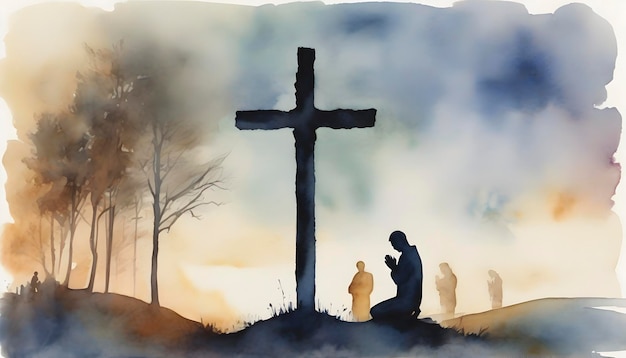 PSD peinture à l'aquarelle de personnes priant devant la croix