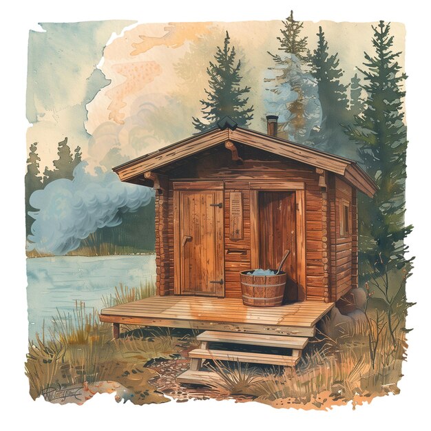 PSD une peinture d'une cabane avec un seau d'eau et des arbres en arrière-plan