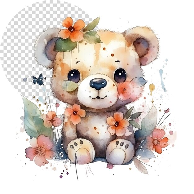 PSD peinture à l'eau ours mignon avec des fleurs sur un fond transparent