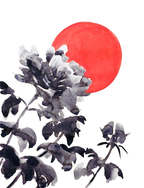Une peinture à l'encre de fleurs et de soleil rouge dans le ciel