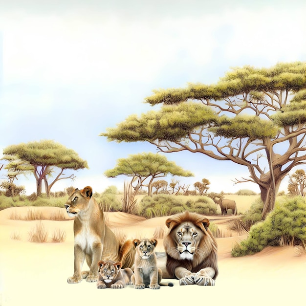 PSD une peinture d'une famille de lions avec des petits