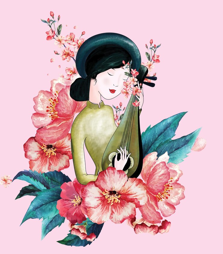 PSD peinture d'une femme vietnamienne jouant du monocorde
