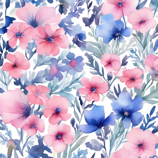 PSD peinture de fleurs roses et bleues sur un fond blanc