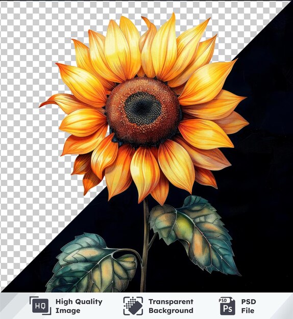 PSD peinture florale de tournesol à aquarelle transparente avec un tournesol orange et jaune vibrant entouré de feuilles vertes luxuriantes