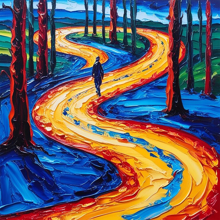 PSD une peinture d'un homme marchant sur une route avec une traînée de feu