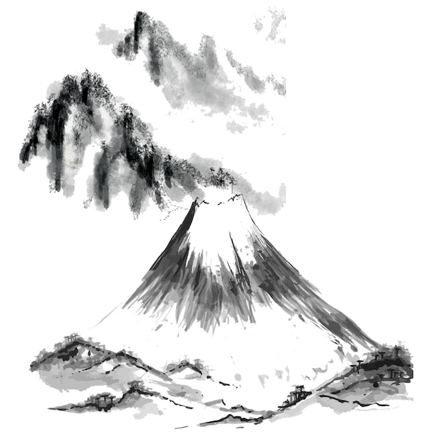 Peinture japonaise à l'encre d'un paysage de montagne