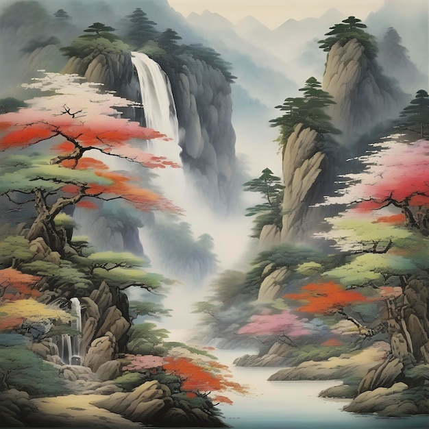 PSD peinture japonaise de montagnes, de forêts, de chutes d'eau et de fleurs colorées